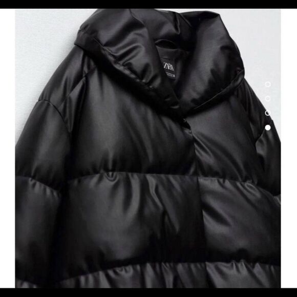🔥Zara Black Puffer Jacket faux leather sz Small New - Picture 2 of 6